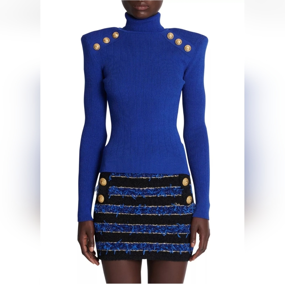 NWT Balmain Knit Gold Button Womens Sweater In Blue Size 44